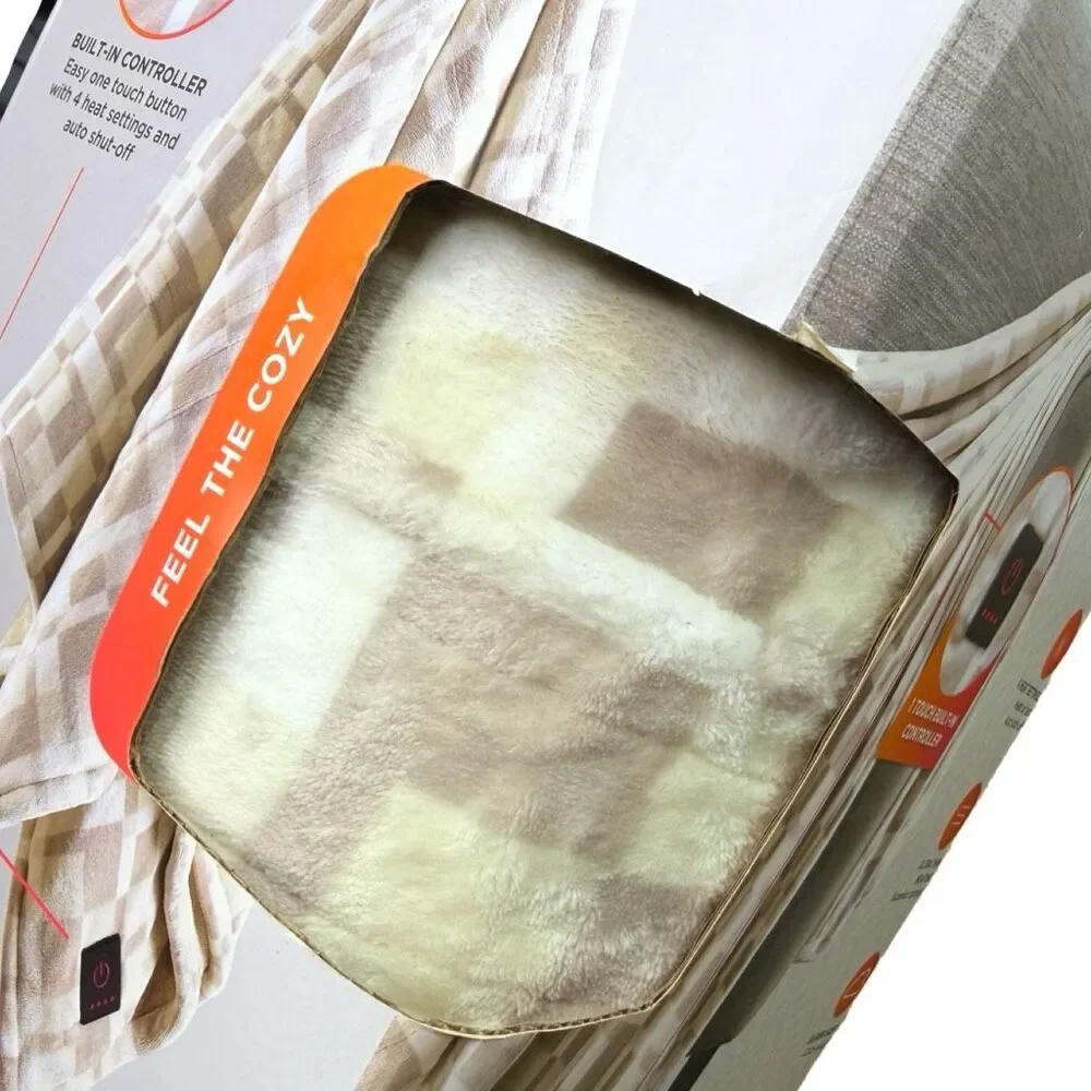Brookstone Cozy Heated Printed Plush Throw - 50” x 60” - Chic Plaid